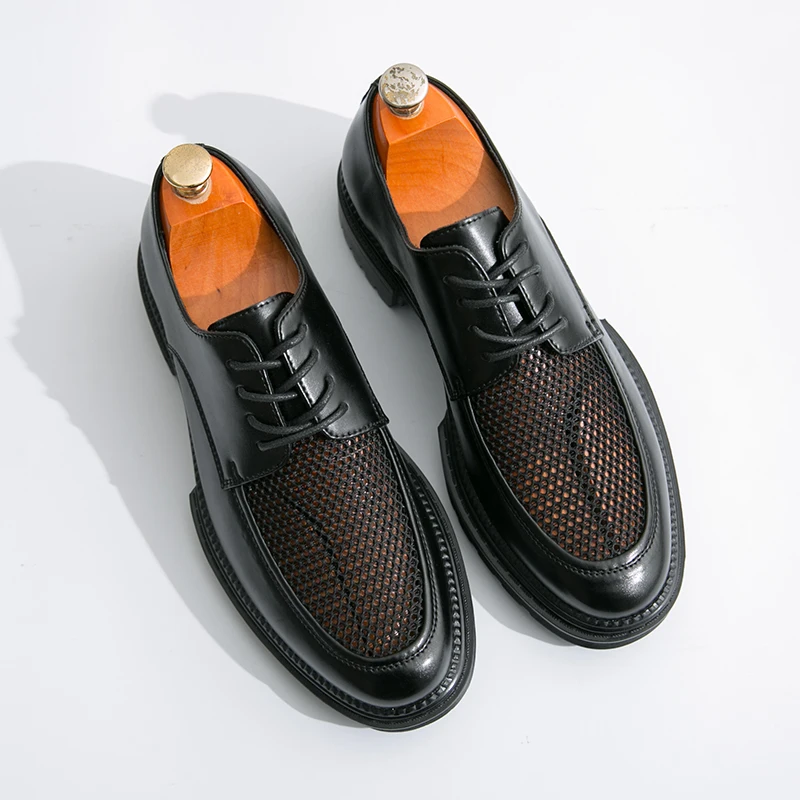 

2025 Summer Hollow Breathable Business Korean Dress Shoes for Men Solid Color Lace Platform High-quality Leather Shoes Man