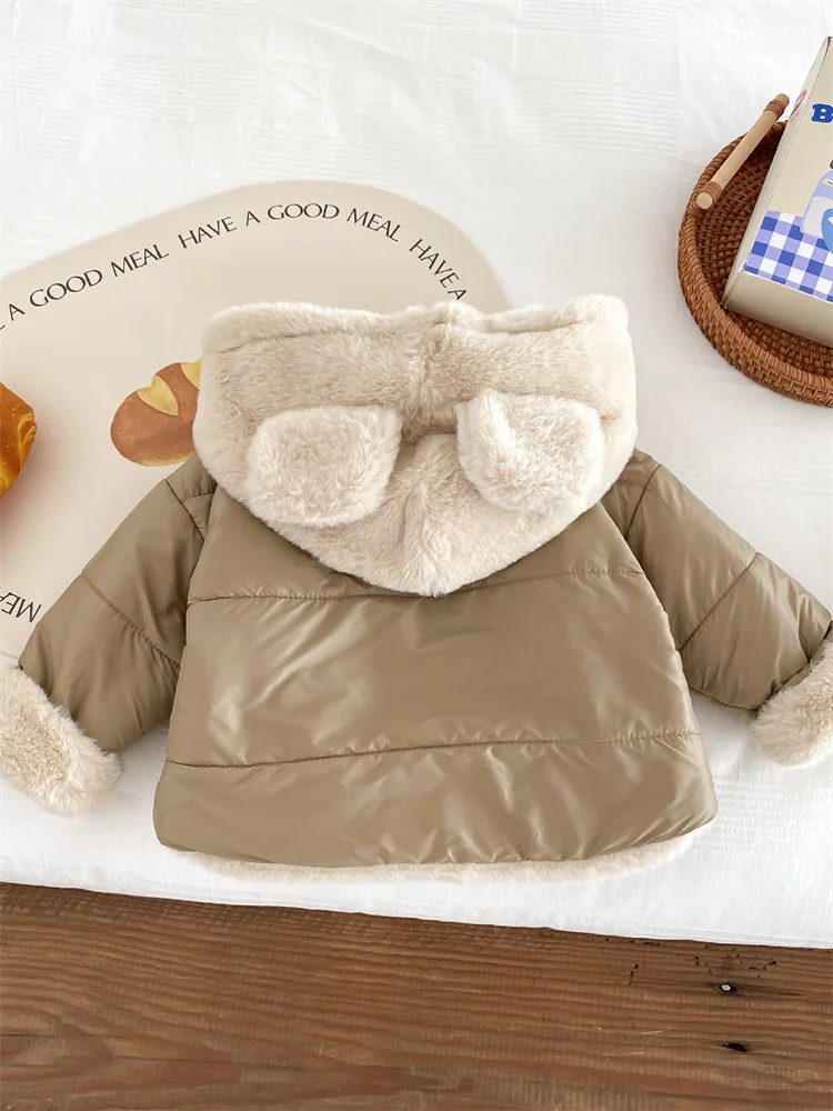 Baby plush coat  winter 2024 cute hooded cotton jacket  Korean thick cotton jacket