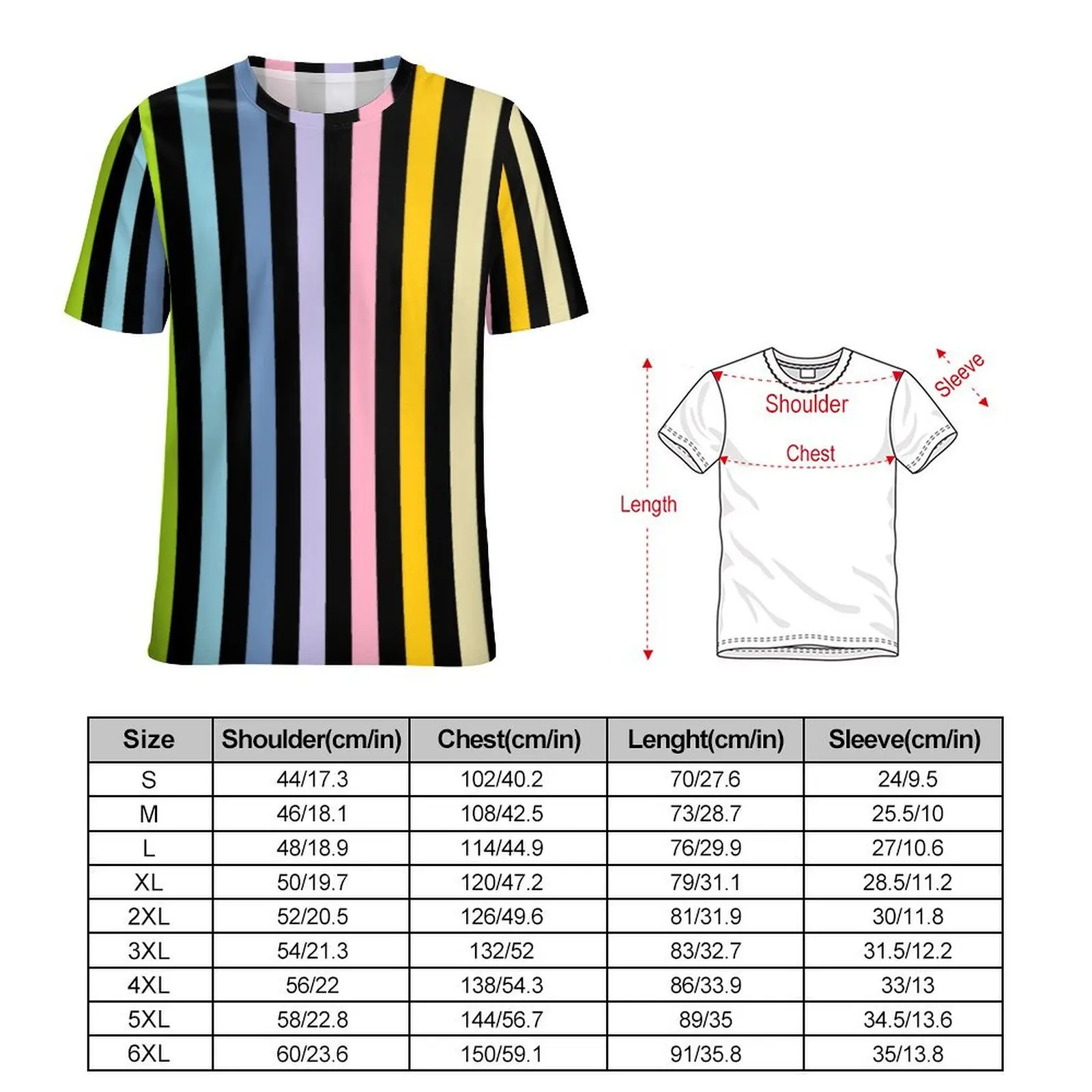 Black Striped T-Shirt Vertical Rainbow Print Vintage T Shirts Men Casual Tee Shirt Summer Short-Sleeve Tees Plus Size 4XL 5XL