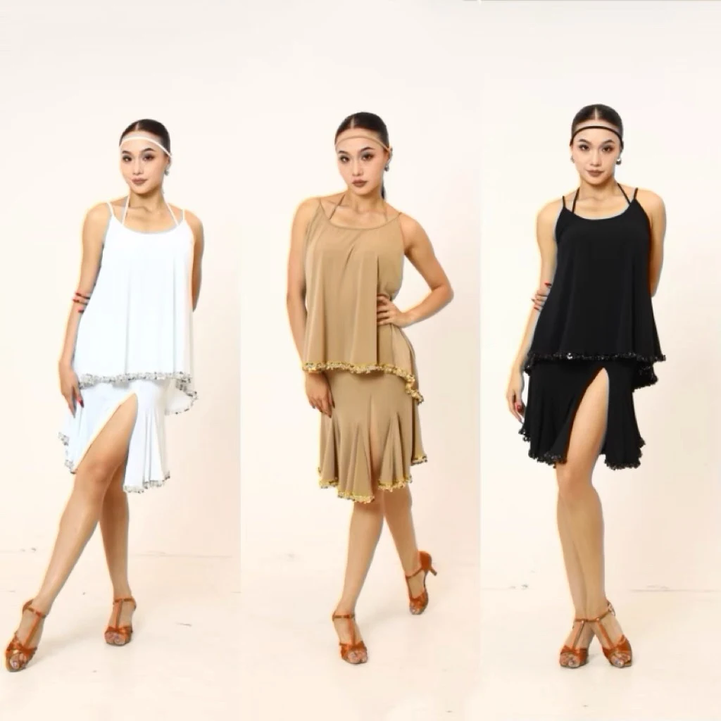 

Loose Latin Dance Clothes Women Sleeveless Tops Sequin Skirt Rumba Samba Dance Performance Clothing Latin Practice Wear DNV24983