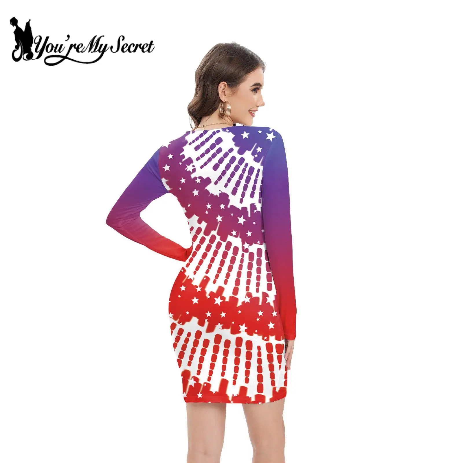 [You're My Secret] Long Sleeved Dress Independence Day 3D Printed Carnival Party Cosplay Costume Dresses Adult Women Clothing