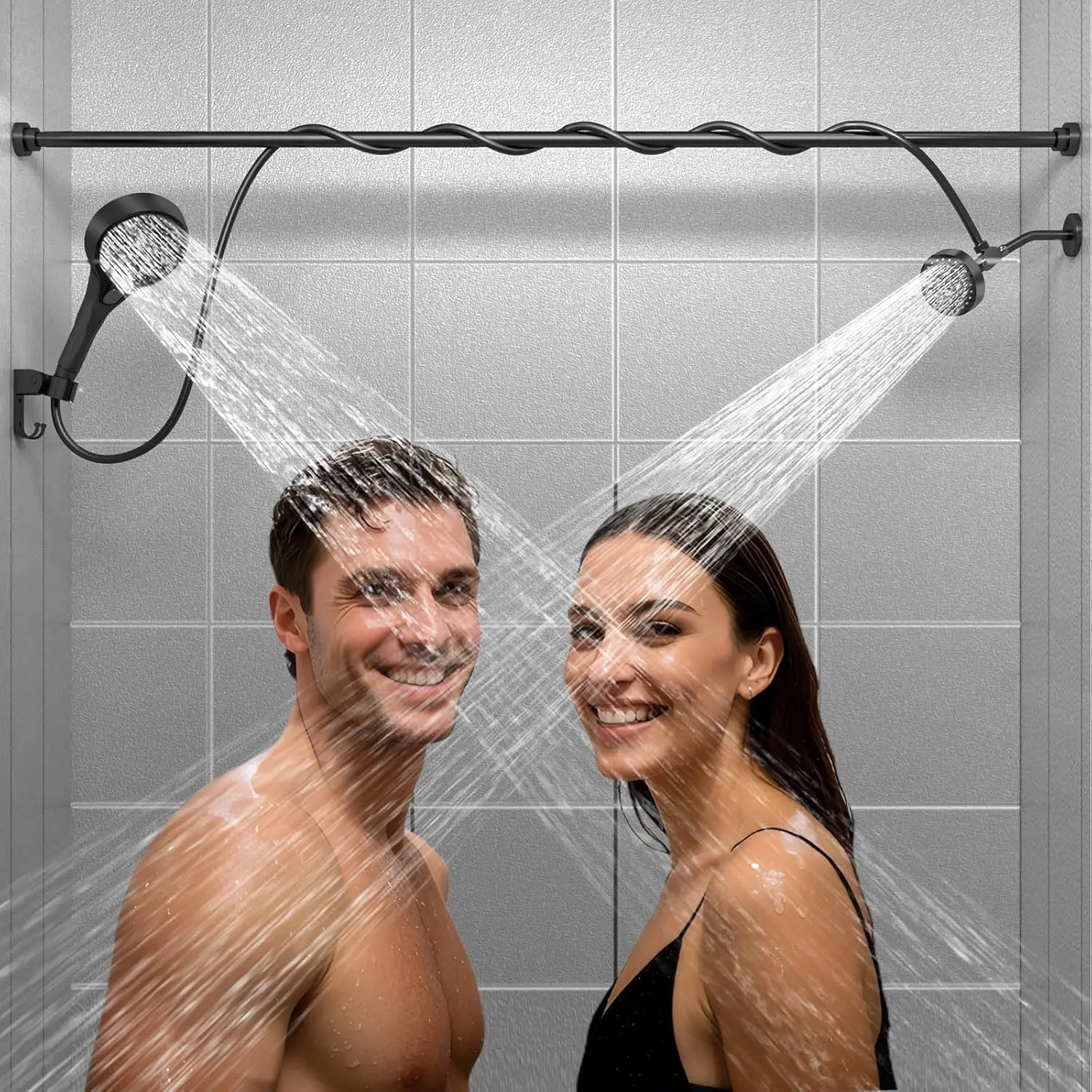 

Dual Shower Head for Two People: High Pressure Adjustable System with 3 Flow Settings, Fits Bathrooms 27-86 Inches