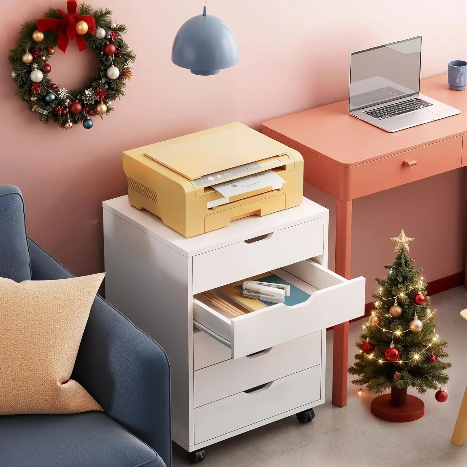 5-Drawer Filing Cabinet Under Desk with Wheels, White Wood Storage File Cabinet for Office