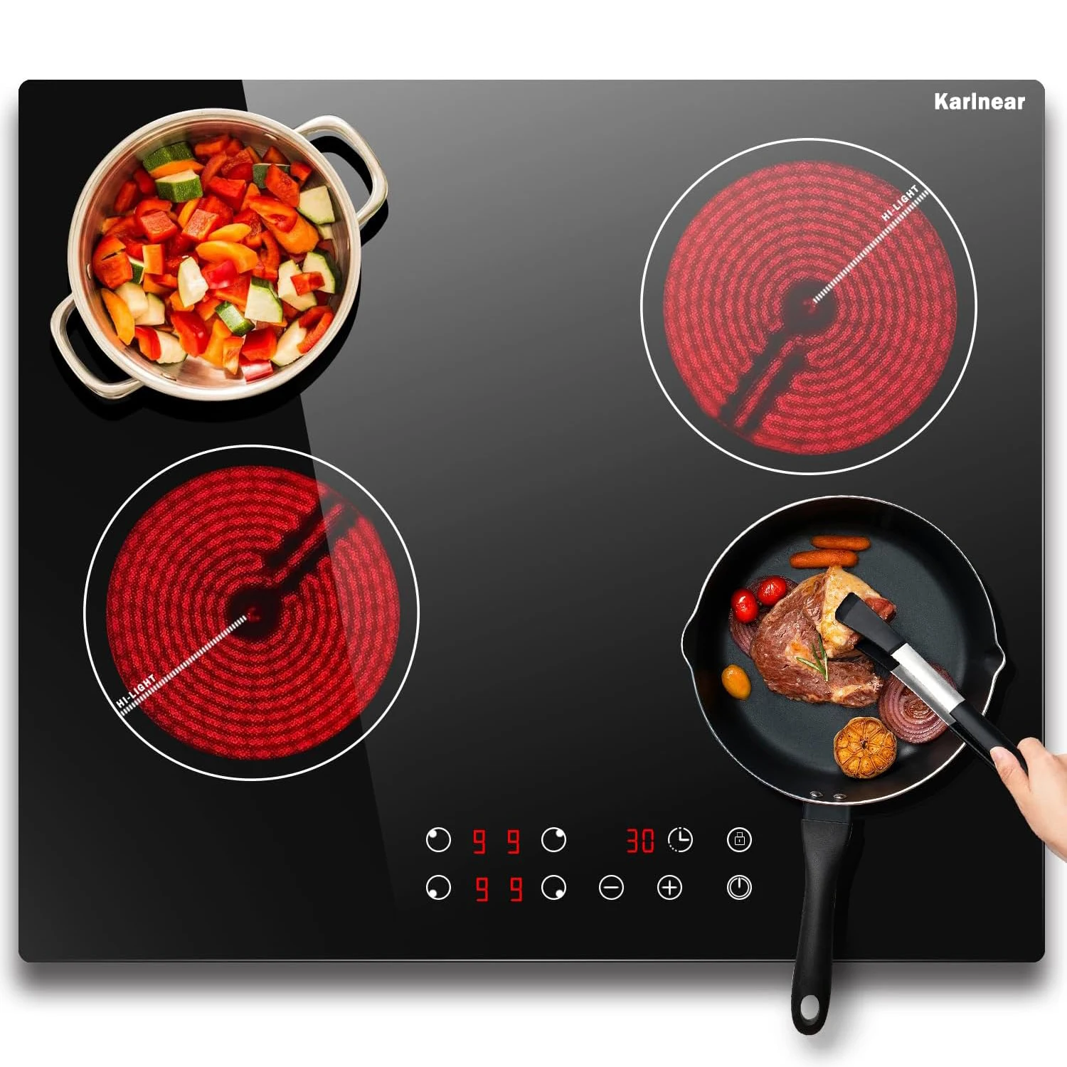 Ceramic Hob 60cm, Karinear Ceramic Glass Cooktop 4 Zones, 6000W Built-in, 220-240V, No Plug, Safety Lock, Timer, Touch Control