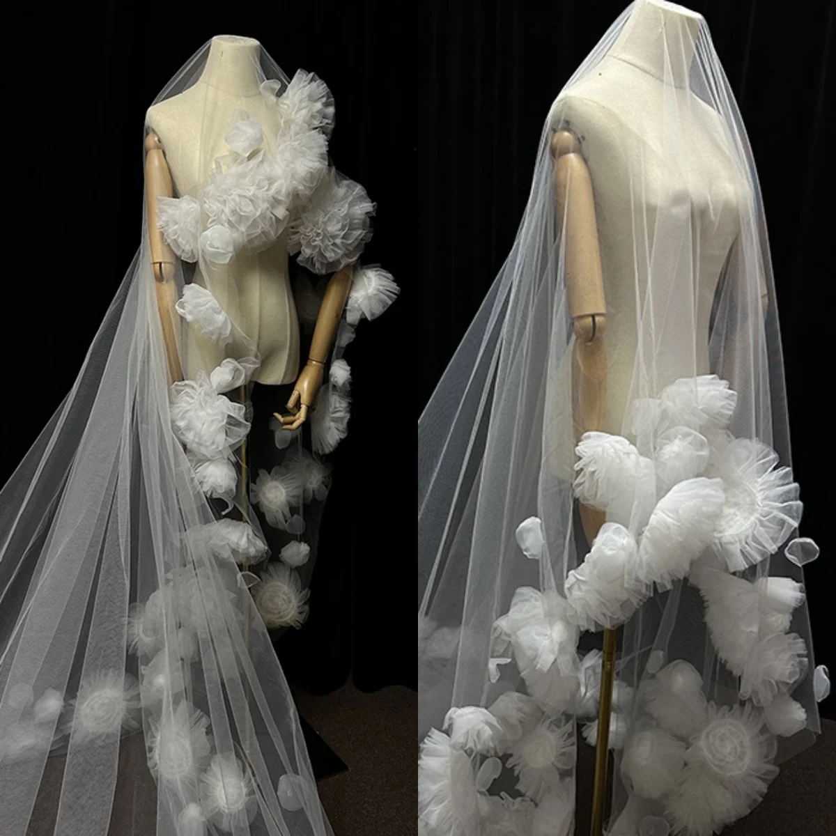 

Vintage Long Bridal Veils 3D Flowers One Layer 3M Cathedral Length Wedding Veils Soft Tulle Wedding Accessories