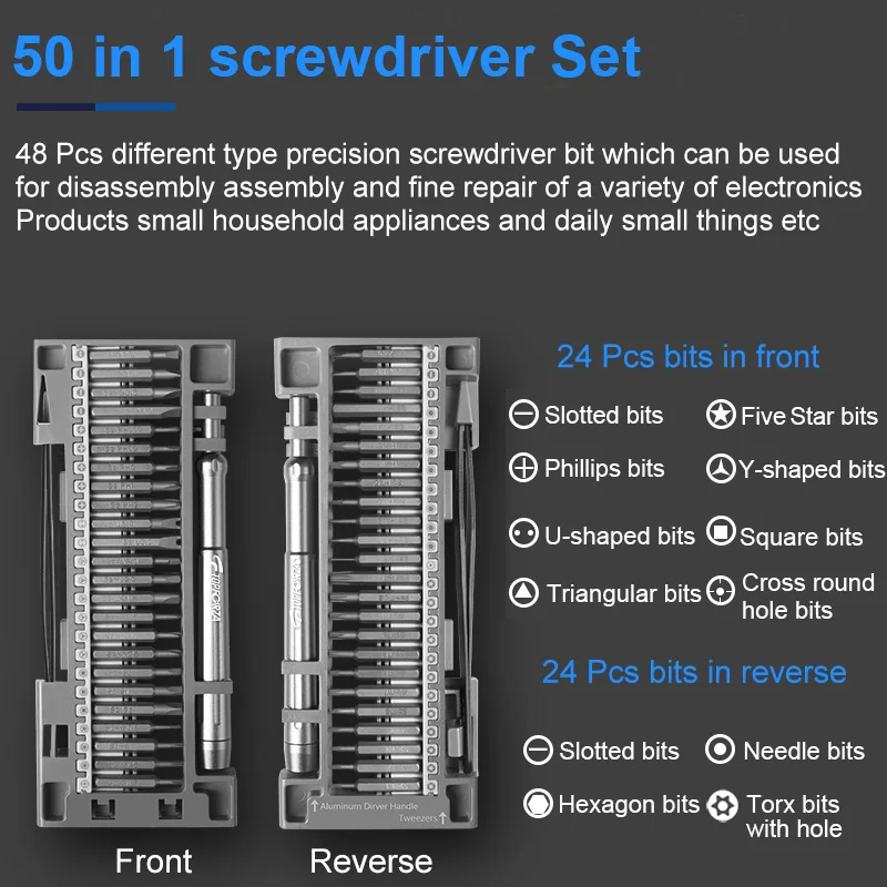 TOPFORZA 50 IN 1 Screwdriver Set S2 High Precision Bits Magnetic Screwdriver with Precision Tweezers Multiple Screwdriver Bit