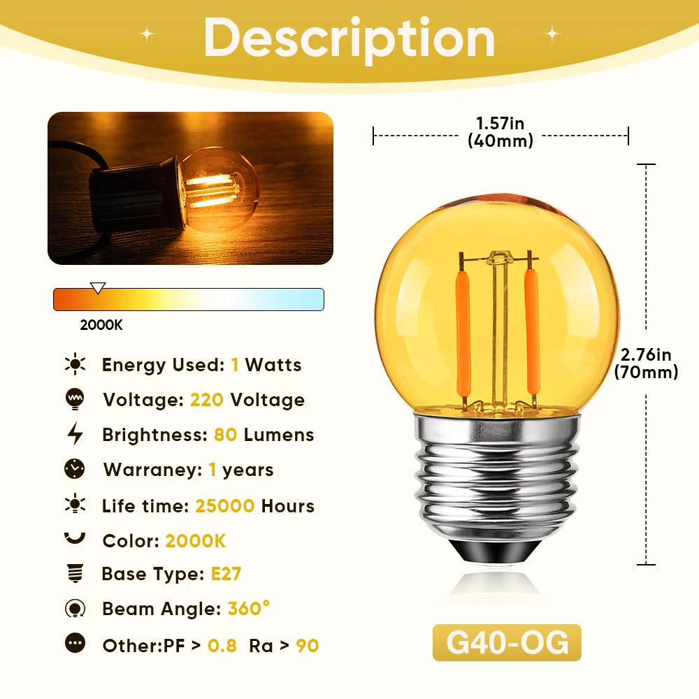 หลอดไฟ LED ตกแต่ง E27 G40ย้อนยุคหรี่แสงได้1W E26 220V เอดิสันหลอดไฟไส้หลอด LED 10W เทียบเท่าไฟถนนอะไหล่