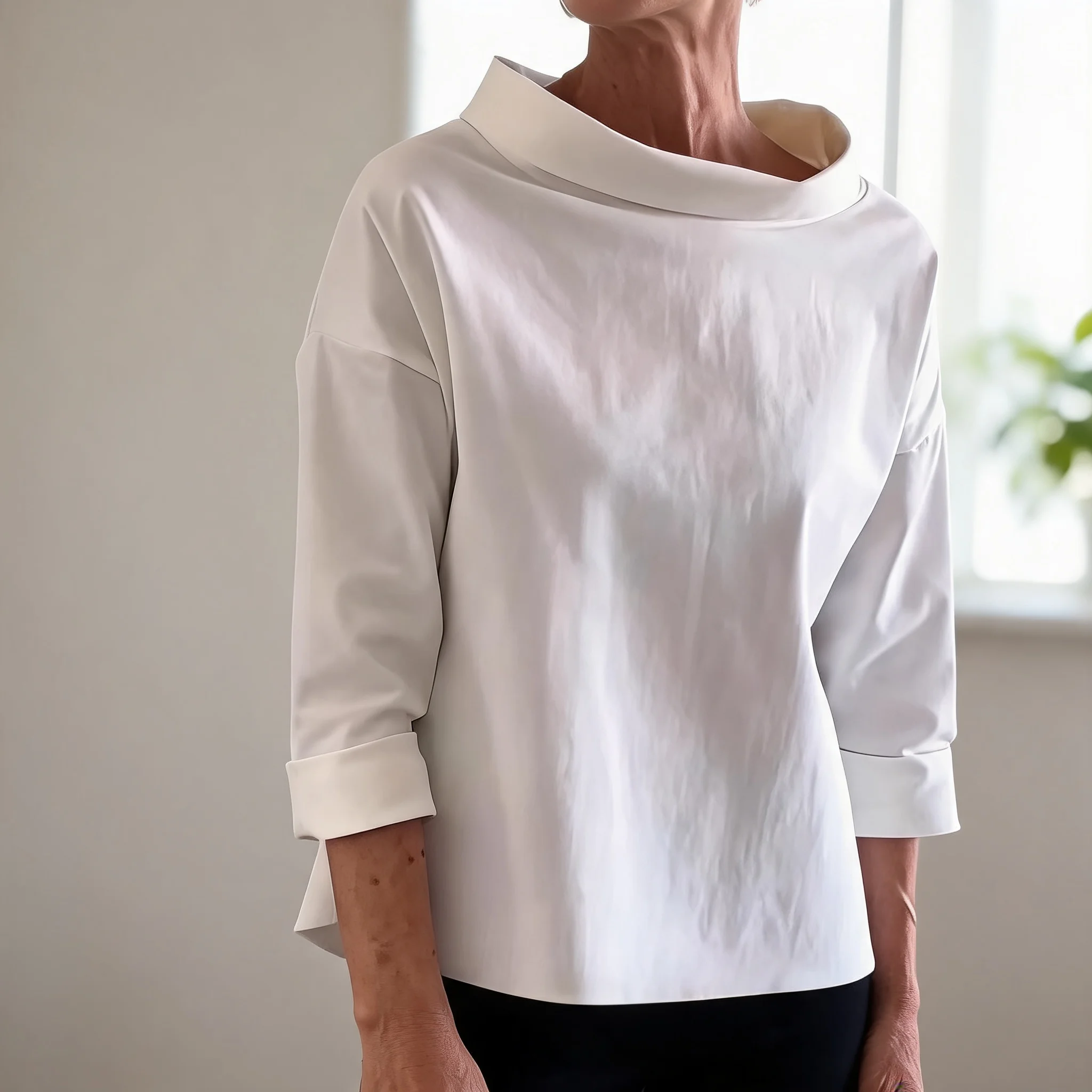 No Hood Long Sleeve Loose Fit Top Casual with Mock Neck Spring Elegant Commute Regular Sleeve Pullover T Shirts for Women