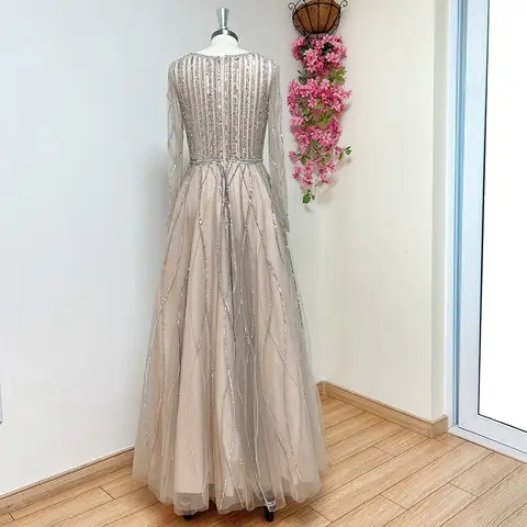 Alinovia Muslimska Pärlor Bröllopsklänning för Kvinnor 2025 O-ringad Långärmad Aine Kristall Formell Balklänningar Anpassad 8 best sales Muslimsk förlovningsklänning - №4