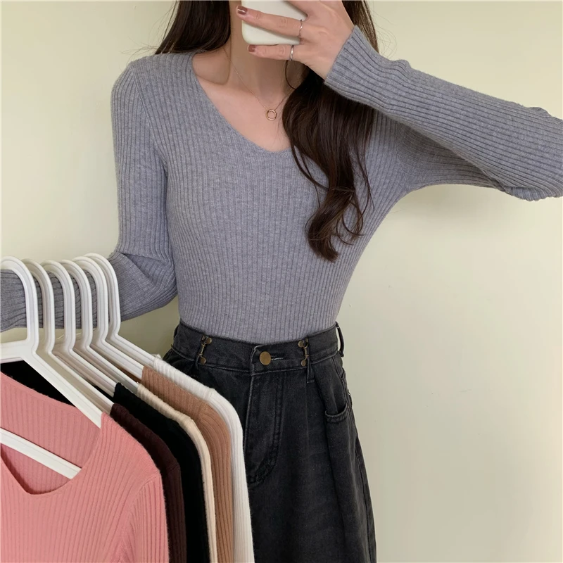 2024 Jesienno-zimowe swetry damskie Casual Sweter z dzianiny z długim rękawem Sweter Femme Basic Solid Jersey Tops Fashion Clothes