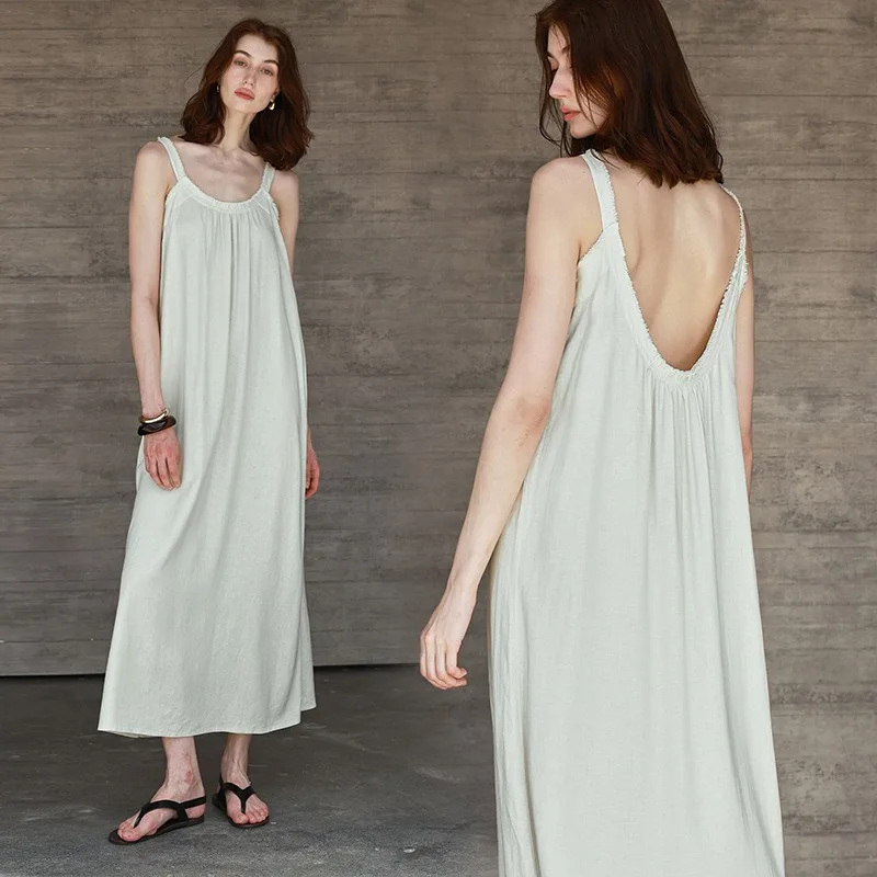 

Elegant Linen Backless Dress Women Sexy Sleeveless Strap Summer Loose Casual Holiday Beach Fashion Streetwear Long Robe Vestido