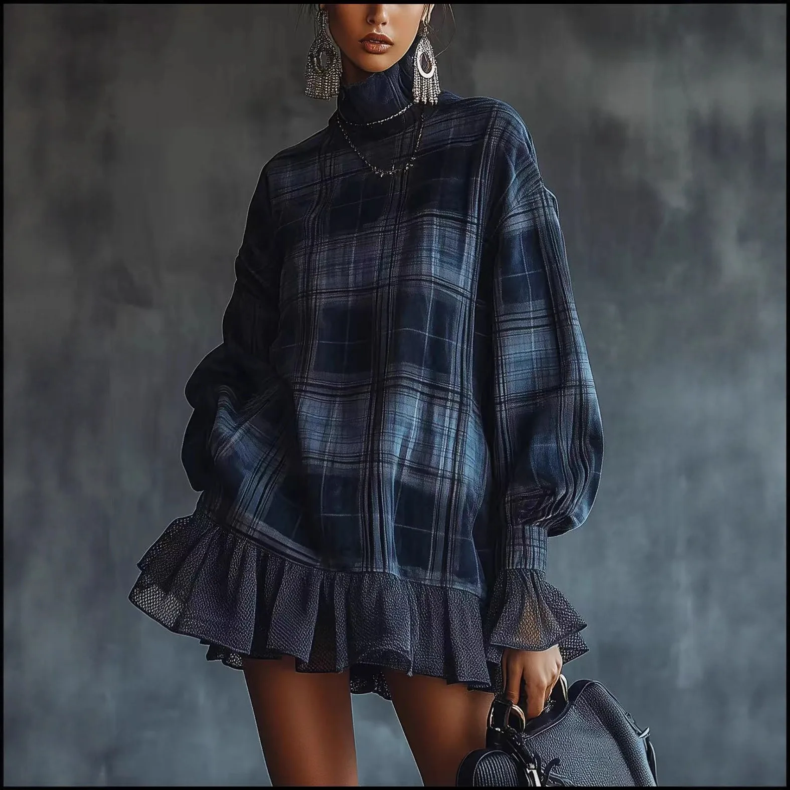 Early autumn temperament women's plaid design with ruffle edge short skirt dress