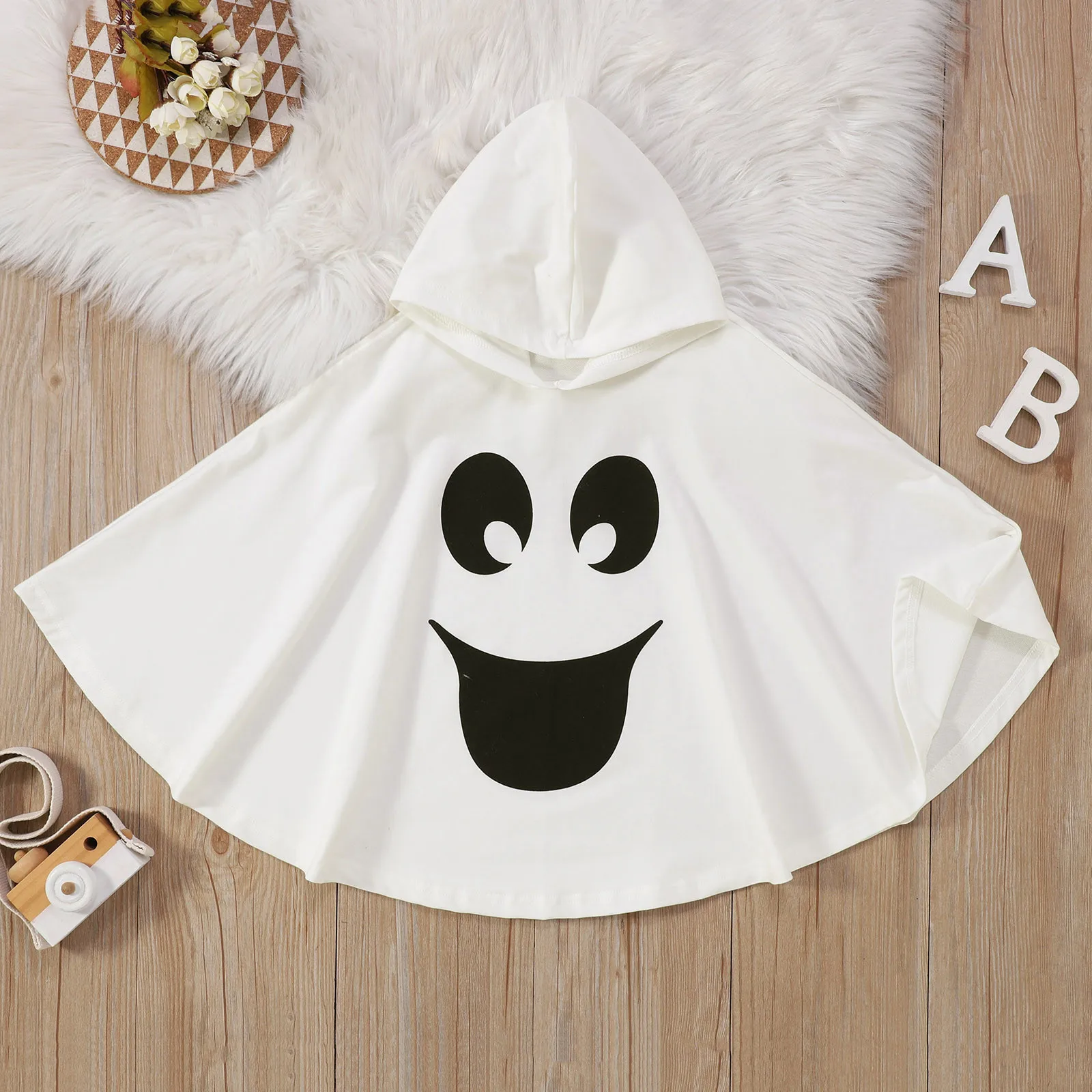 Halloween Child Boy Girl Cute White Ghost Print Demon Cape Cosplay Costume Kids Fancy Dress Performance Halloween Theme Party