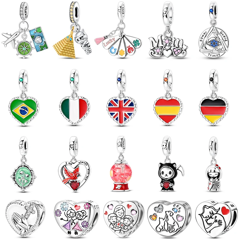 925 Sterling Silver Sisters Travel Time Heart Shaped National Flag Charms Beads For Women Fit Original Bracelet DIY Jewelry Gift