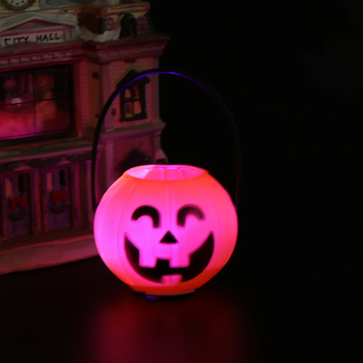 

Pumpkin Bucket Candy Holder 7cm Round Kids Basket Halloween Eco Material LED Light Black Handle Trick Treat Gift Party