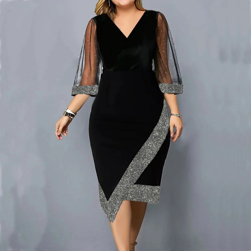 Women Elegant V-Neck Party Dress Plus Size Velvet Irregular Silver Thread Sheer Mesh Dress Summer Thin Half Sleeve Hi-Low Dress