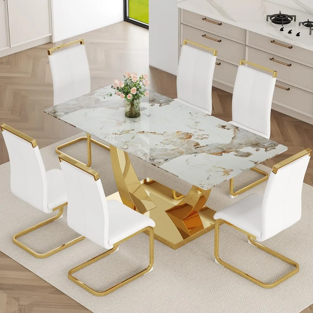 

Dining Table Set for 6, Rectangular Dining Room Tables Set, Gold Kitchen Table and 6 White PU Leather Chairs