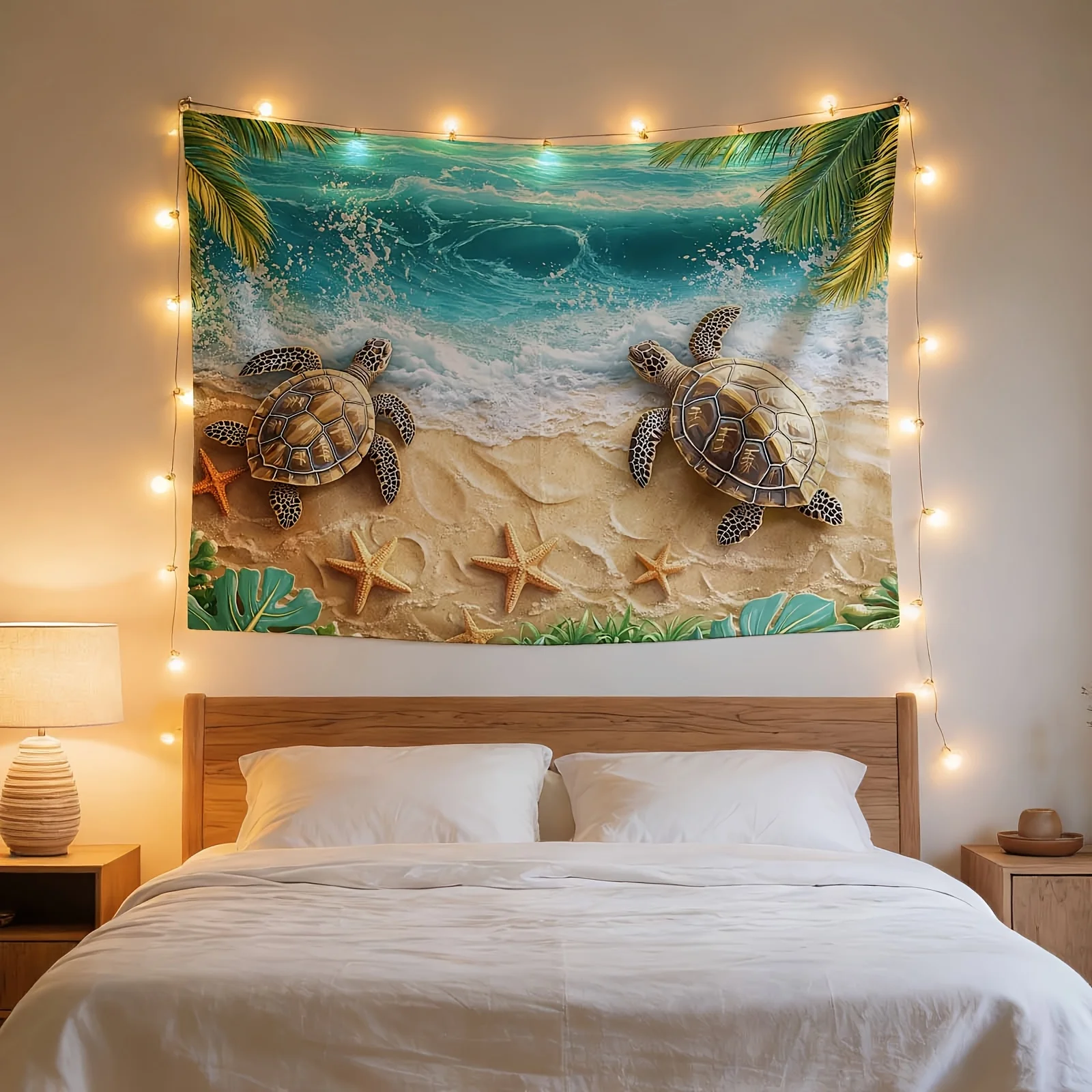 Tropical Ocean Beach Sea Turtles Tapestry Wall Hanging Coastal Decor Artwork Palm Leaves Nautical Boho Style Bedroom Living Room
