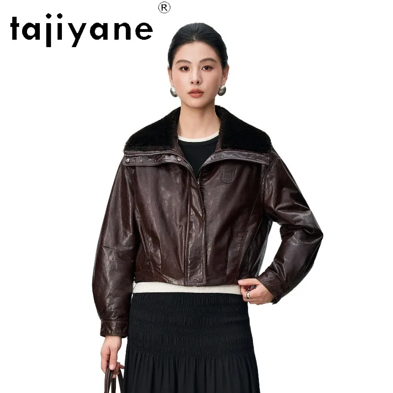 TAJIYANE Winter Sheepskin Genuine Leather Down Jacket 90% Goose Down Puffer Jacket Woman Cropped Fur Shearling Leather Coat 가죽자켓