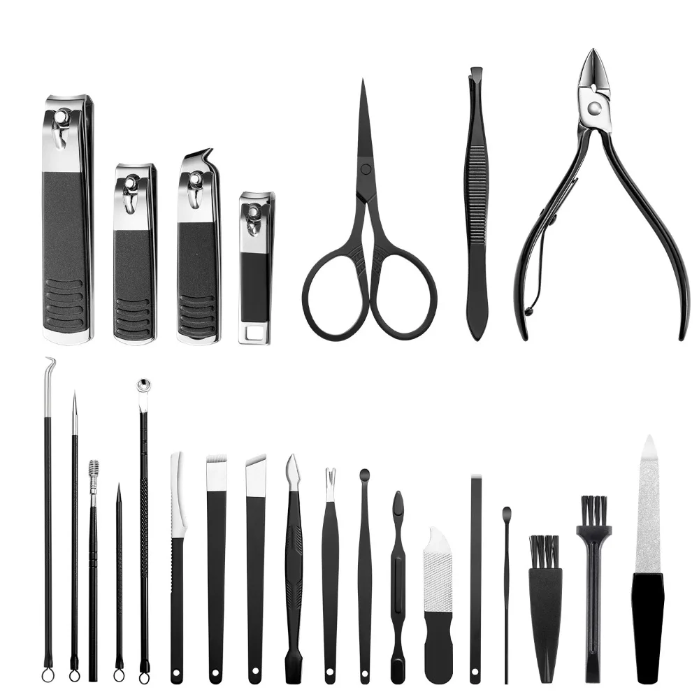 13/24-teiliges Anti-Rutsch-Design-Nagelknipser-Set aus Edelstahl mit PU-Gehäuse, scharfes Nagel-Trimmset, schwarzes Pediküre-Werkzeugset für Erwachsene