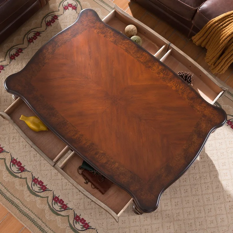 Factory wholesale American country coffee table double table retro old painted furniture four drawers walnut brown
