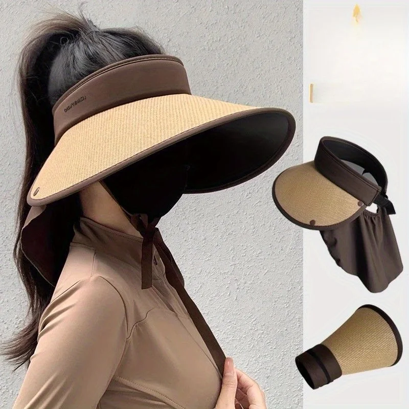 

Neck Protection and UV Protection Sun Hat for Women Large Brim Outdoor Straw Woven Hollow Top Hat