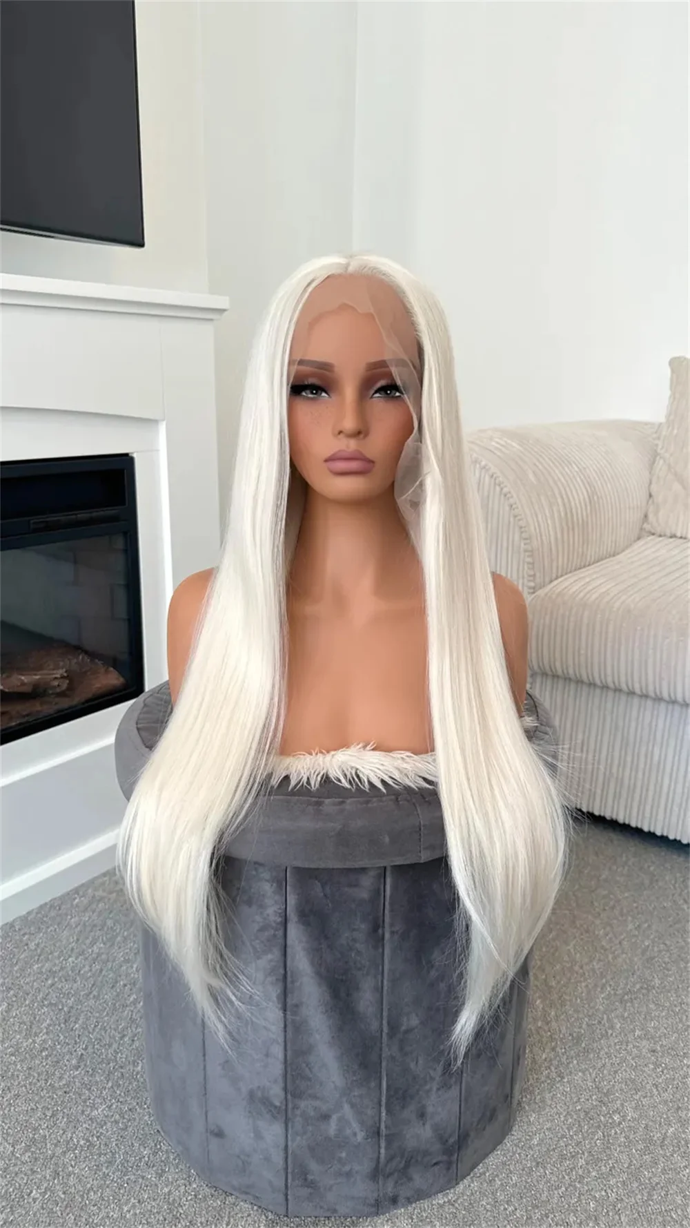 شعر أشقر بلاتيني طويل مستقيم بطول 60.96 سم، شعر صناعي واقعي طبيعي بدانتيل أمامي للاستخدام التنكري للنساء