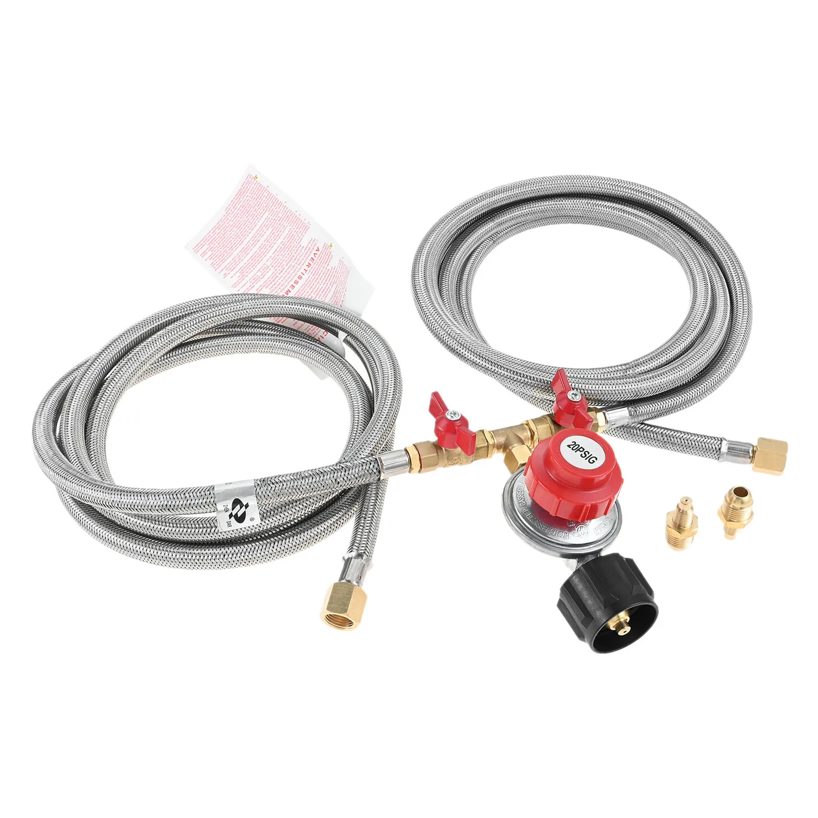 0-20 Psi Adjustable Propane Regulator with 8ft Hose Orifice Fittings Y Splitter Dual Braided Pipe Valve 3/8