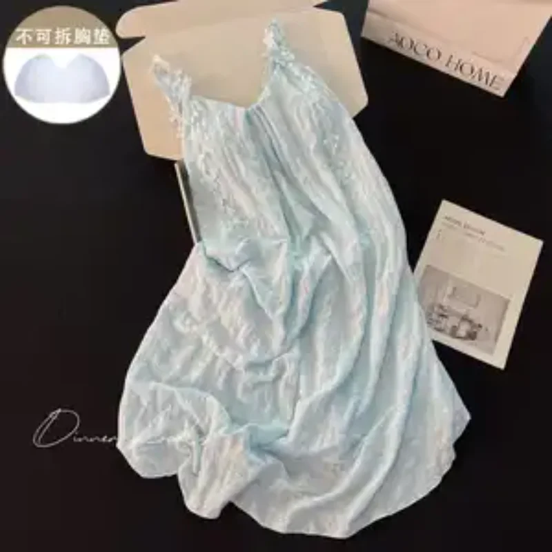 Women's Sweet Lace Trim Cami Nightgown with Removable Bra Pad Loose Summer Loungewear Dress