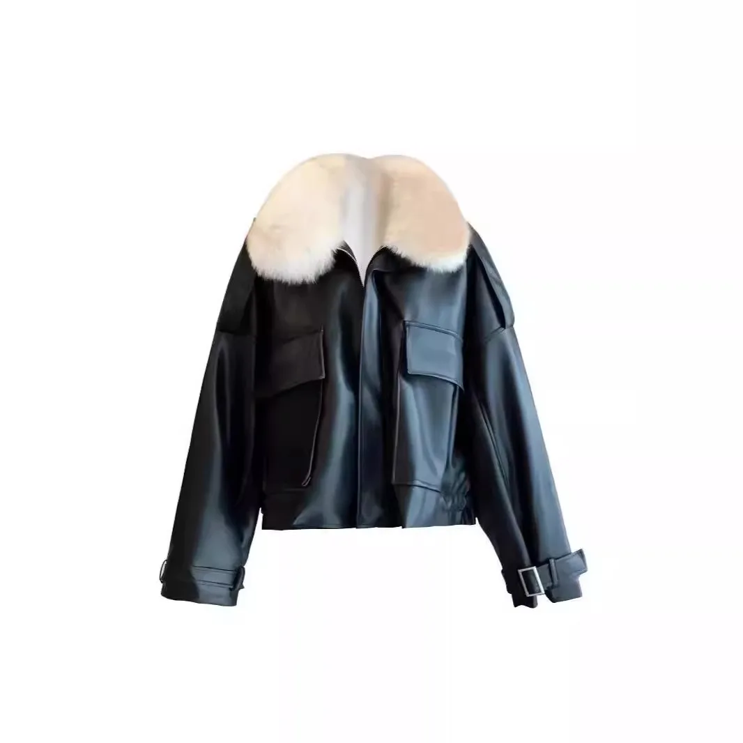 Women Faux Leather Coats Solid Short Jackets Zipper Pocket Fur Turn Down Collar Long Sleeves Loose Fit Casual 2025 Autumn Winter