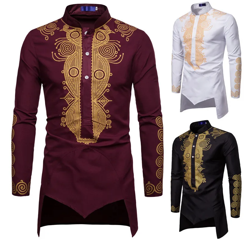 Mid Length Men's Shirt Muslim Men's Clothing Gilded Printed Standing Collar Black White Red Shirt High Quality Men's Clothing