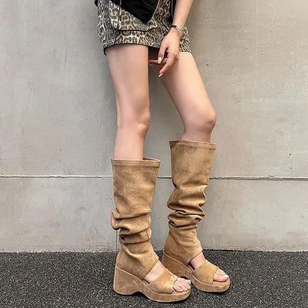 

Punk Style Soild Round Toe Over-The-Knee Platform Women Sandals Boots Wedges High Heels Slip On Design Large Size Shoes