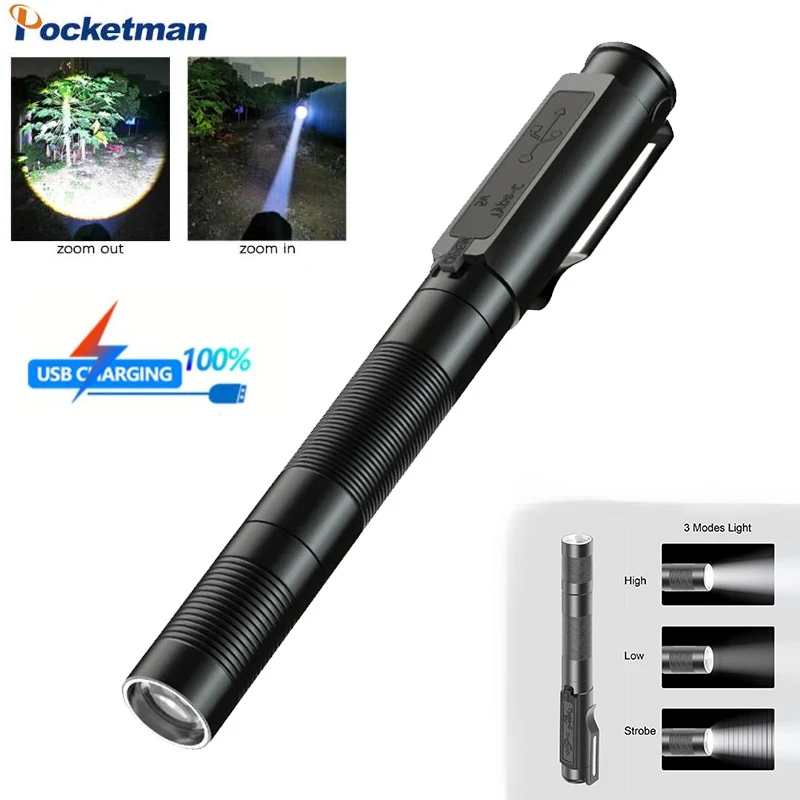 

Powerful LED Flashlight Type-C Rechargeable Penlight Zoom Water Proof Torch Outdoor Camping Lantern 3-modes Pocket Torch