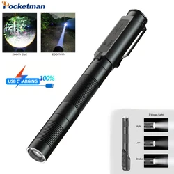 Powerful LED Flashlight Type-C Rechargeable Penlight Zoom Water Proof Torch Outdoor Camping Lantern 3-modes Pocket Torch