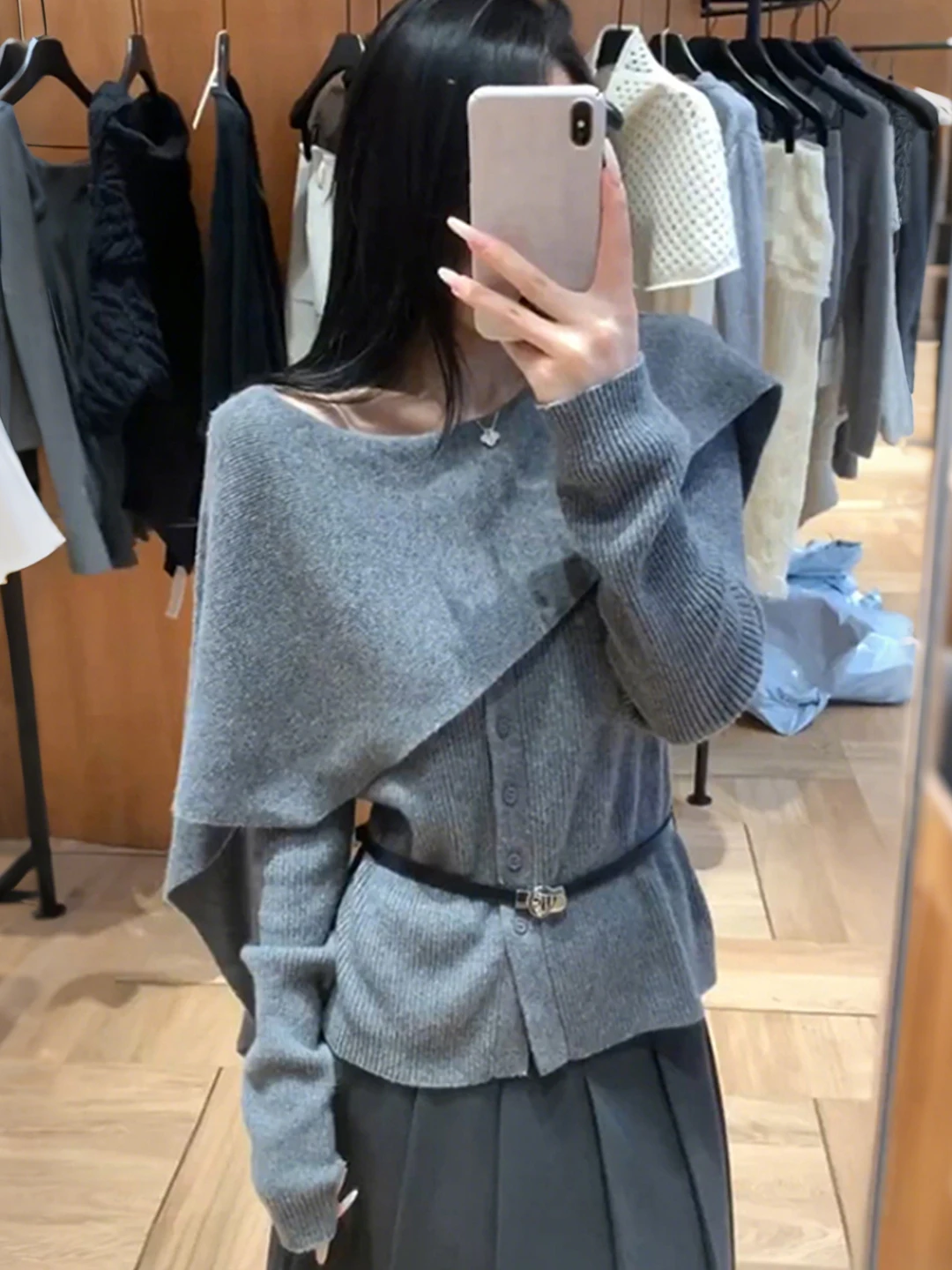 ay سترة مشغولة من الصوف معطف مفتوح من الأمام القلنسوة Ne التفاف المرأة الخريف الشتاء غير النظامية هملين وهمية قطعتين علوية عادية Sle #1