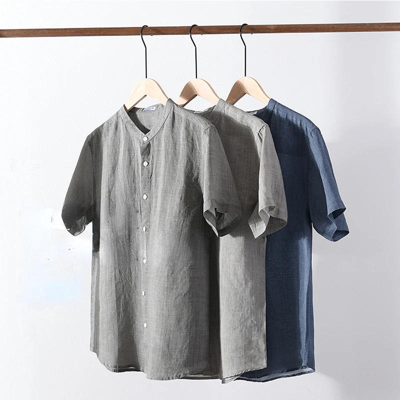 

New Chinoiserie Linen Men's Short Sleeve Shirts Summer Simple Casual Youth Shirts Light Thin Stand Collar Slim Breathable Blouse