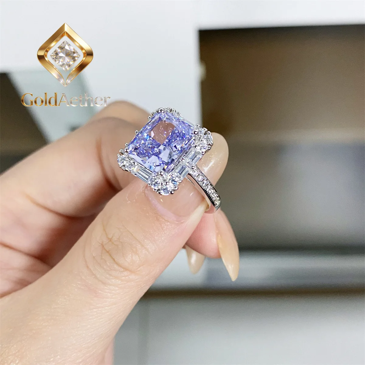 

GoldAether Luxury Solid Platinum PT950 Lavender Ice Flower Cut Diamond Ring Banquet 4 karat Square Bag Purple Moissanite Diamond