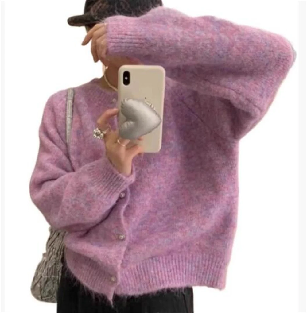 Korean Fashion Purple Soft Sweater Cardigan Women's Loose Spring Style Knit Top Women's Clothing Long Sleeve Top