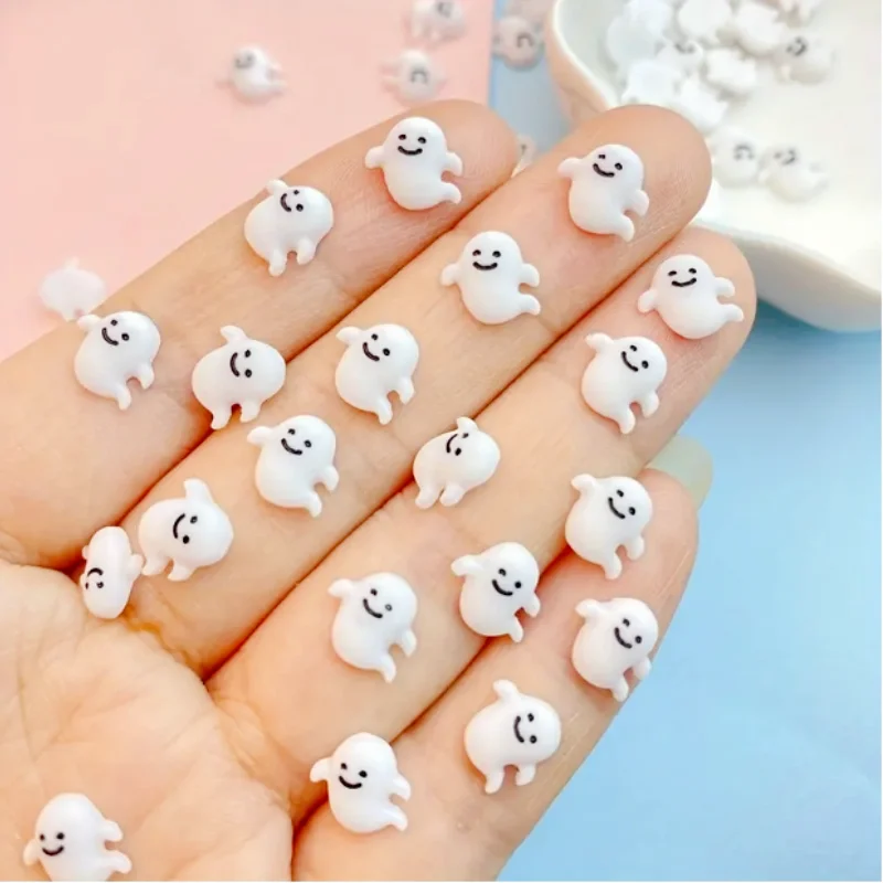 

50Pcs Halloween Nail Art Accessories 3D Cute Resin Mini White Ghost Series Flat Back Nail Charms Figures For Manicure Decoration
