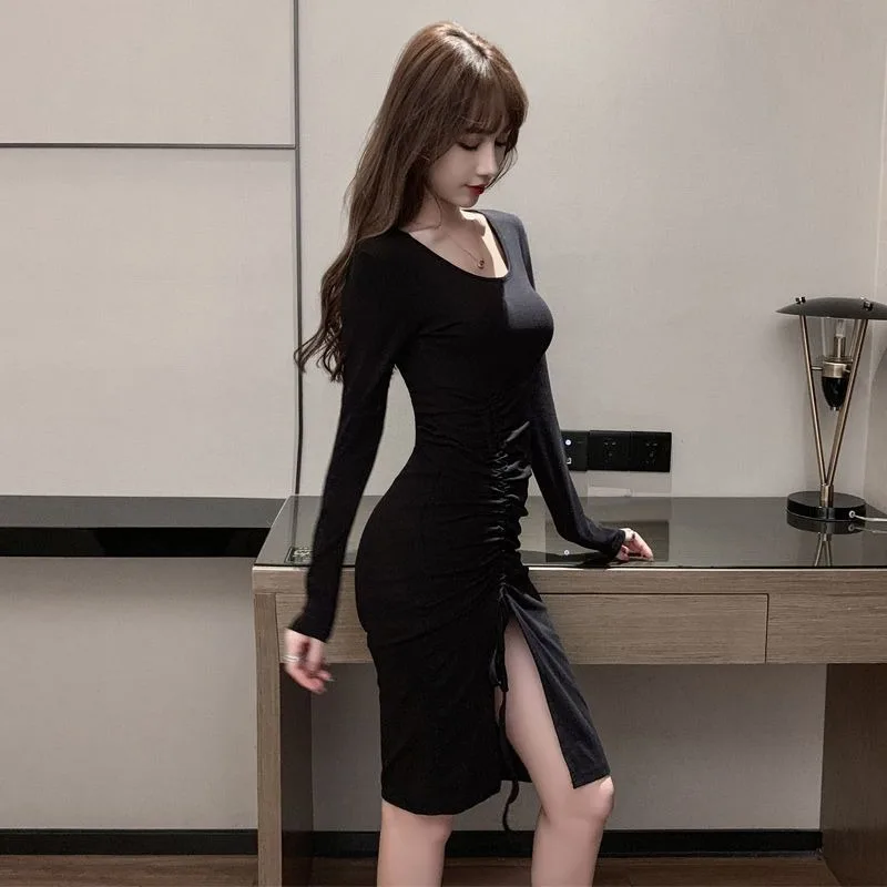 فساتين متوسطة الطول سوداء برقبة على شكل حرف U للنساء للنوادي الليلية، فستان جمالي مرن من قطعة واحدة كلاسيكي Kpop كاجوال للشباب بأكمام طويلة #5