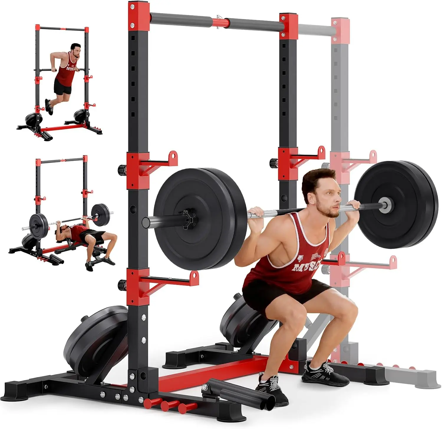 Smith Machine & Squat Rack Combo, Multi-Functional Power Rack with Adjustable Width & Pull-Up Bar, Cable Crossover, Dual-Pulley System for Home Gym