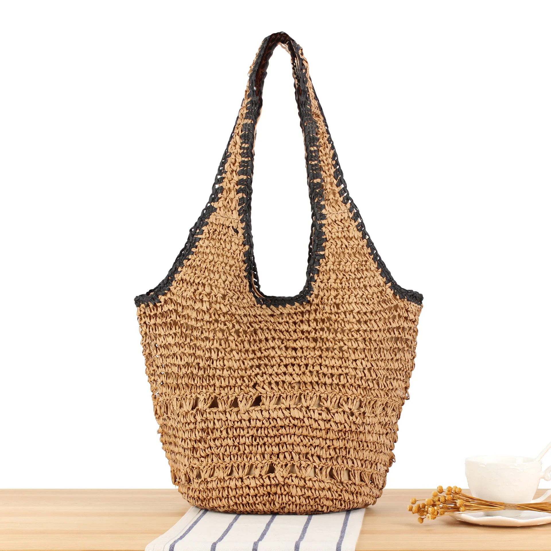 

Summer 2025 Neutral Minimalist Style Straw Woven Beach Tote Bag Single Shoulder Handbag Soft No Zipper Polyester Lining