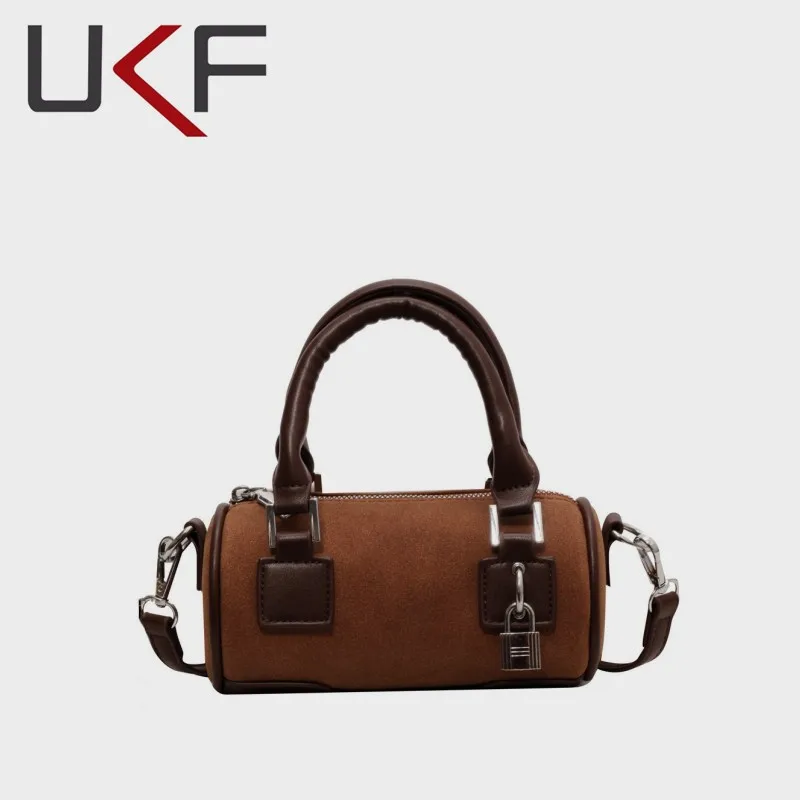 UKF High-quality Autumn and Winter New Trendy Retro Texture Velvet Cylinder Bag Pillow Bag Mini Handbag Crossbody Messenger Bag