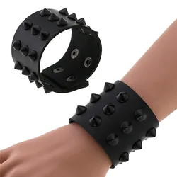 Gothic Spike Bracelet Black Wide Leather Punk Bracelets for Women Men Goth Girl Cuff Bangle Studded Wristband Unisex Jewelry