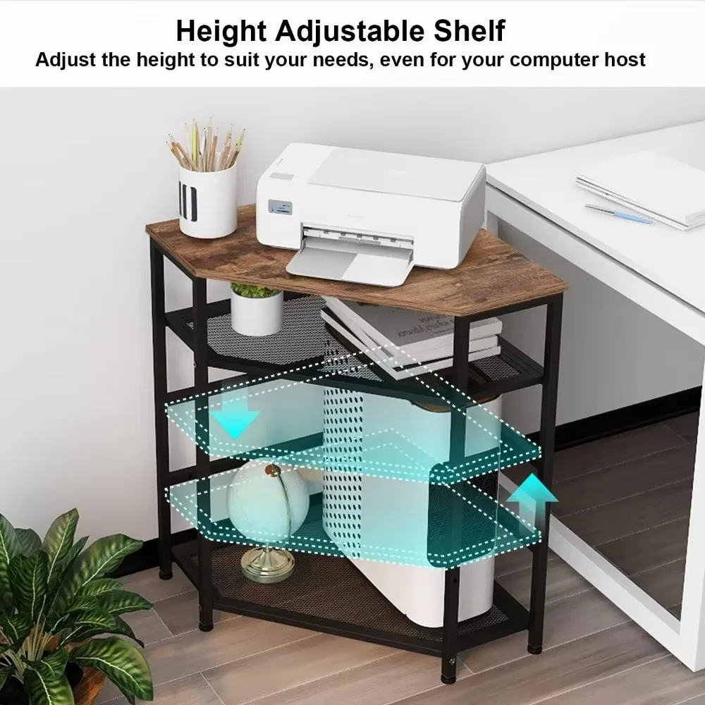 Corner table with power socket charging plug USB port adjustable storage shelf computer tower CPU stand home office