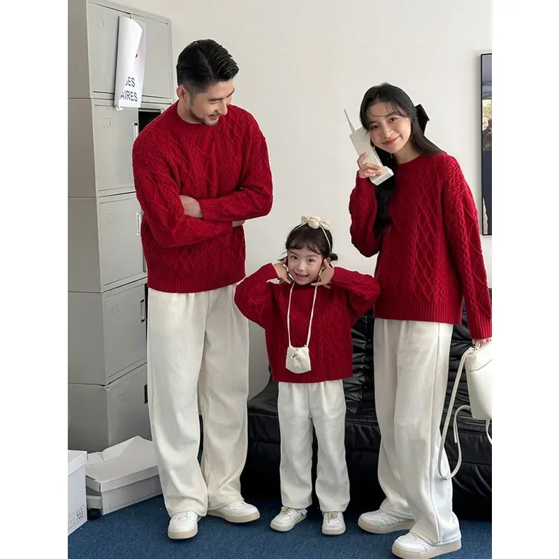 New Year Sweater Knitted Red Jumper Family Warm Father Mother and Daughter Son Matching Clothes Winter Parent-child Christmas