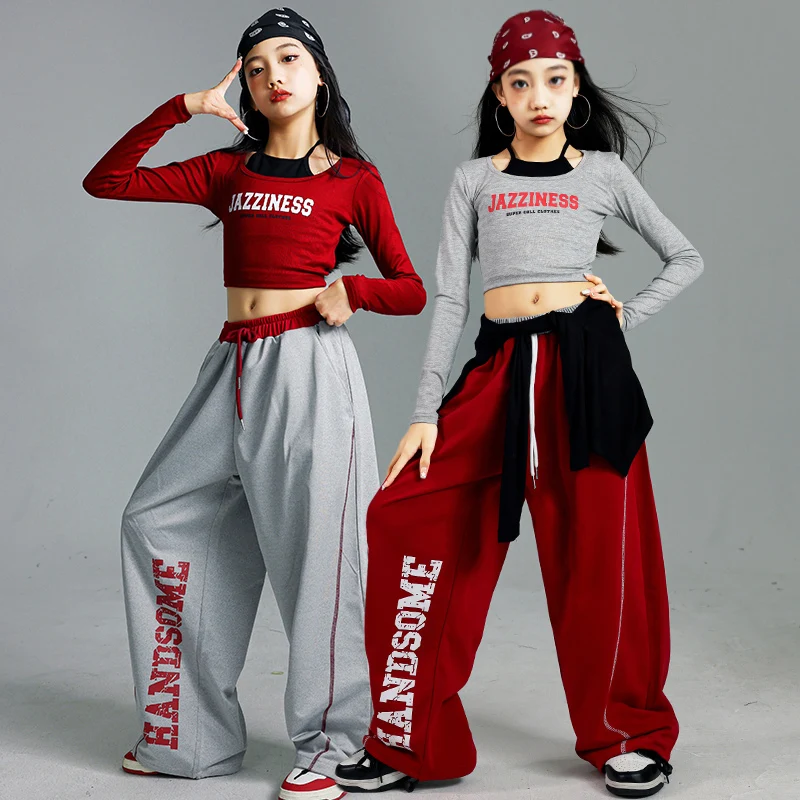 Kids Fashion Hip Hop y2k Longsleeve T-shirt Pants Set Girls Performance Costume Stage Outfit Child Jazz Dance Suit Street Wear