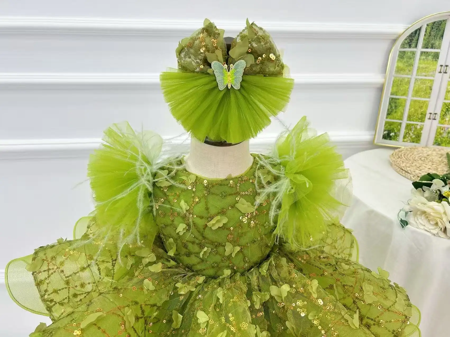 Girls Cute green Sleeveless sequined butterfly mesh Princess dress  Children's seasons banquet baby first Christmas dinner Girls