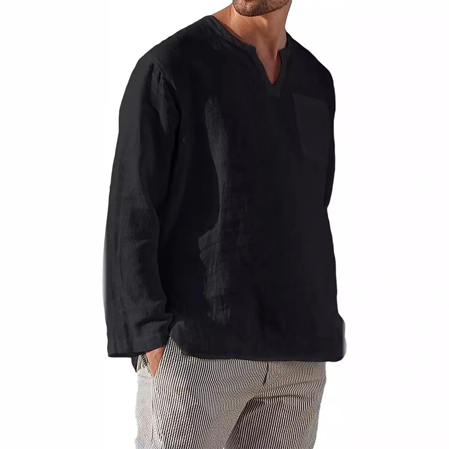 Men's Long Sleeve Beach Linen Shirt Swedish Collar Casual Style Pocket Detail Iron-Free Treatment Resistant to Deformation view 5