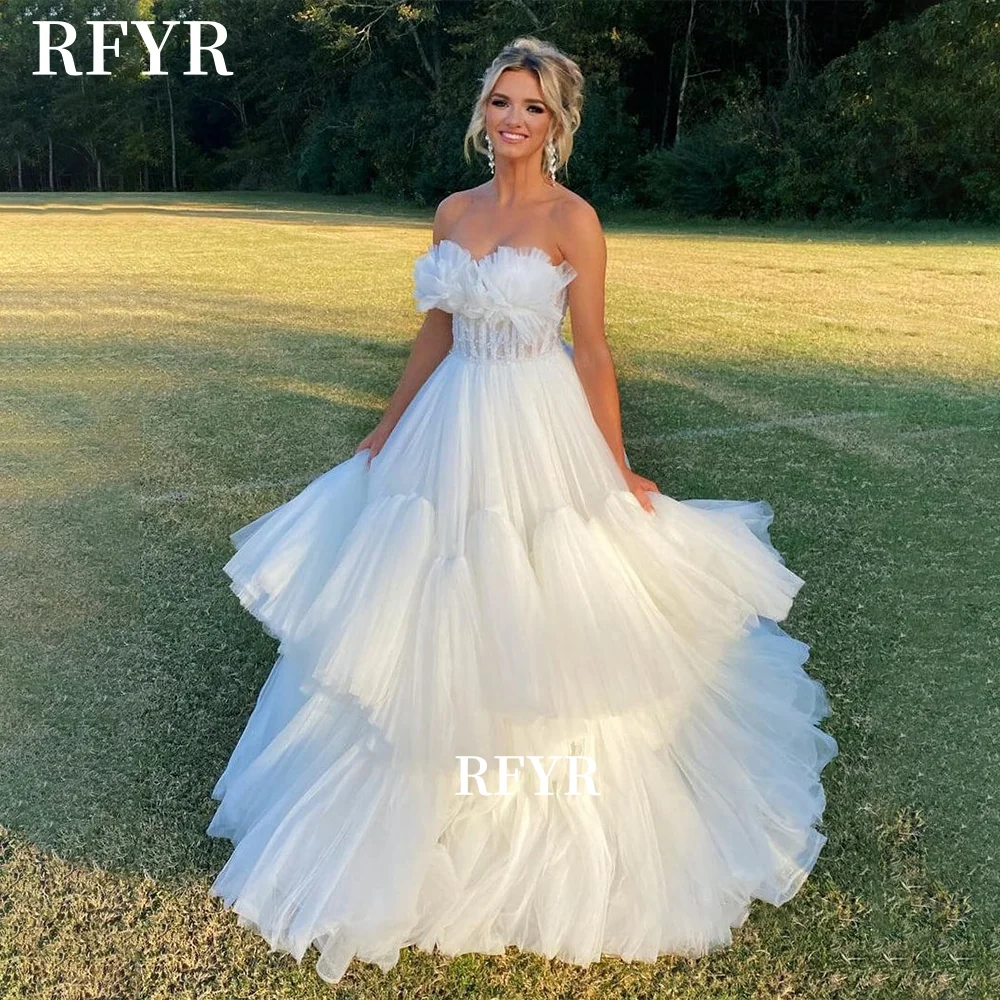 

RFYR Strapless Evening Dress MIltilayers Princess Party Gowns A Line Prom Dress Ball Gowns Vestidos De Noche Customized